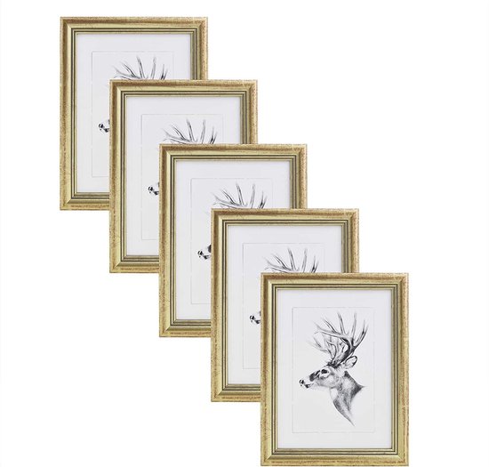 Rootz Artos Style Gouden Fotolijsten - Set van 5 - Fotolijsten - Displaylijsten - Hoogwaardig massief hout en echt glas - Veelzijdige wand- en plankmontage - Elegante gouden afwerking - 30 cm x 40 cm