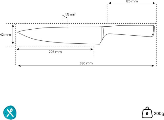 Représentation schématique détaillée d'un couteau de chef avec dimensions.
