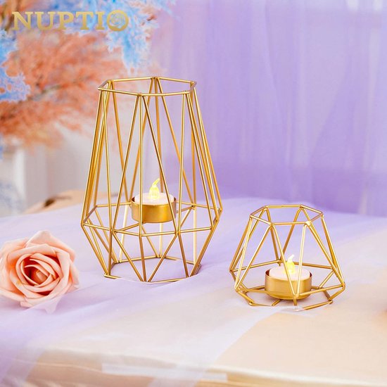 Set van 2 metalen zeshoekige theelichthouders, geometrisch ontwerp, ijzeren holle kandelaars voor vintage bruiloft, woondecoratie, gouden kerstkandelaar (S + L)