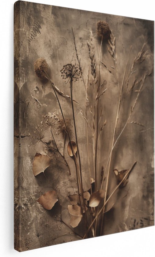 Canvas schilderij met gedroogde bloemen en bladeren in bruine tinten, gedetailleerd met textuur.