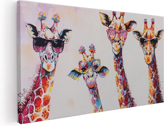 Artaza Canvas Schilderij Drie Giraffen met een Zonnebril - 120x60 - Groot - Foto Op Canvas - Canvas Print