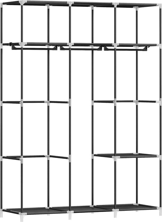 Vrijstaande kledingkast met stoffen planken en metalen frame - 3 kledingstangen en 9 vakken - 43 x 162 x 176 cm zwart WH31699B Kledingkast
