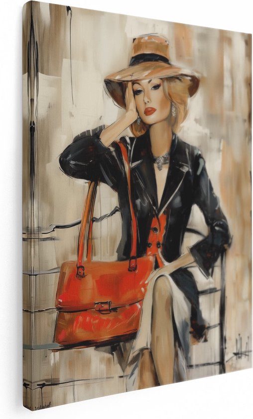 Artaza Canvas Schilderij Vrouw Zittend op een Bankje met een Portemonnee - 60x80 - Muurdecoratie - Foto Op Canvas - Canvas Print