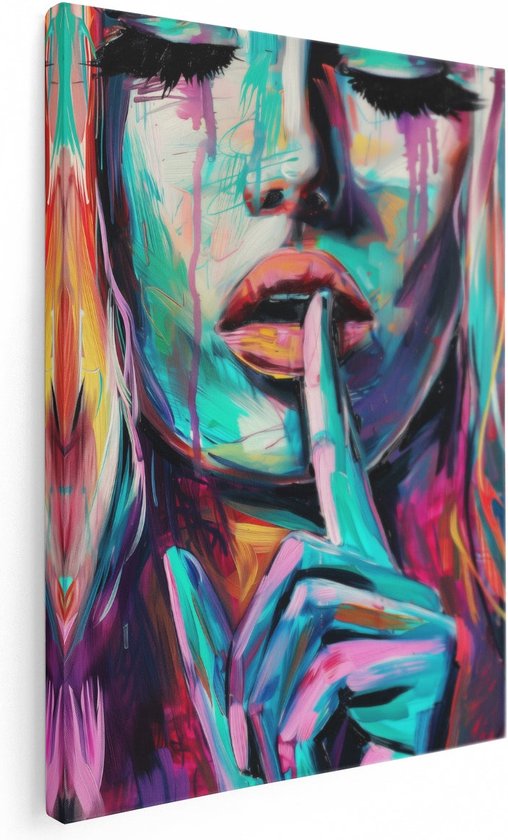 Artaza Canvas Schilderij Kleurrijk Kunstwerk van een Vrouw met haar Vinger op haar Lippen - 60x80 - Muurdecoratie - Foto Op Canvas - Canvas Print