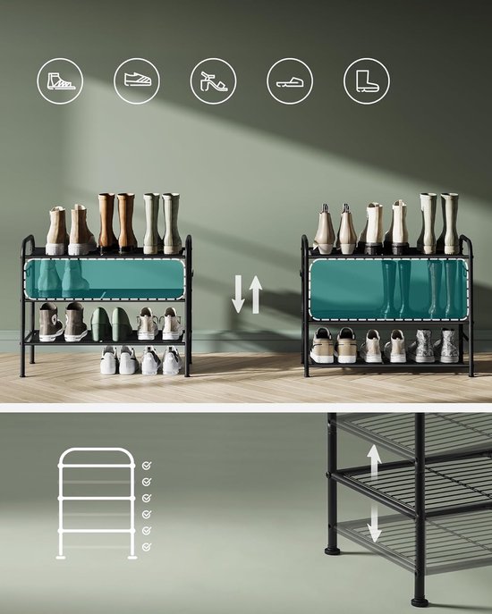 SONGMICS schoenenrek met 12 schappen, set van 2 stapelbare 6-staps schoenenrekken, voor 48-60 paar schoenen, metaal, verstelbare rasterplanken, plat of schuin te monteren, zwart LMR12B