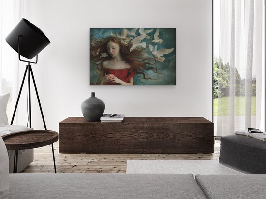 Artaza Peinture sur toile Fille avec une robe rouge et des colombes Witte - 120 x 80 - Groot - Photo sur toile - Impression sur toile