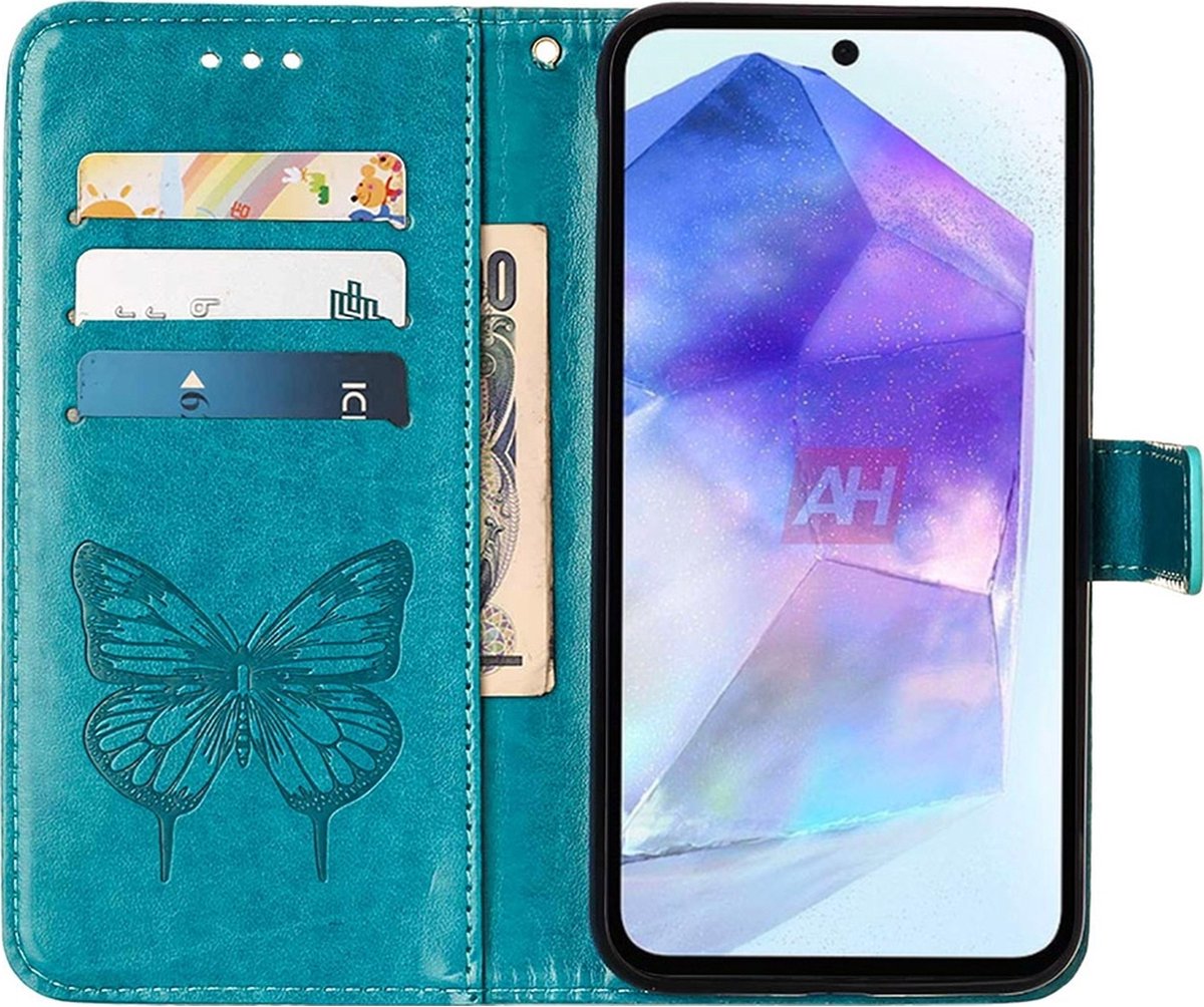 Mobigear Telefoonhoesje geschikt voor Samsung Galaxy A55 Hoesje | Mobigear Butterfly Bookcase Portemonnee | Pasjeshouder voor 3 Pasjes | Telefoonhoesje voor Pinpas / OV Kaart / Rijbewijs - Blauw