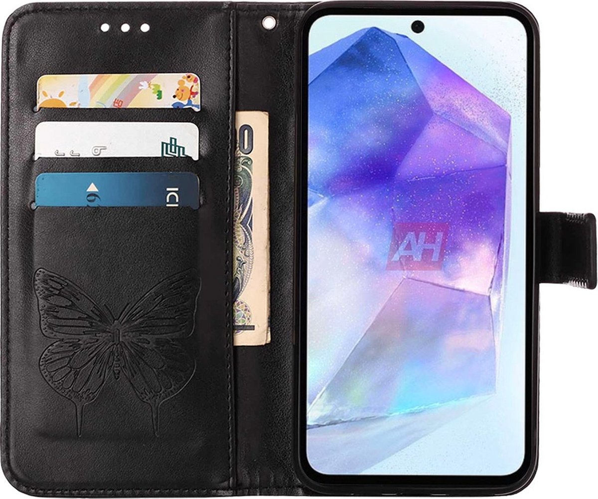 Mobigear Telefoonhoesje geschikt voor Samsung Galaxy A55 Hoesje | Mobigear Butterfly Bookcase Portemonnee | Pasjeshouder voor 3 Pasjes | Telefoonhoesje voor Pinpas / OV Kaart / Rijbewijs - Zwart