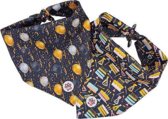 Bandana Hond - Kleurrijke Hondenbandana - Zwart - Goud - Ballonnen - Slingers - Verjaardagstaart - Kaarsjes - Party Animal - Paw My God! - Maat M