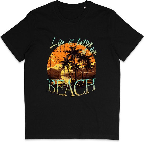 T Shirt Dames Heren - Zomer Print Life Is Better At The Beach - Zwart - S