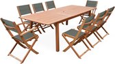 sweeek - Almeria houten tuinset, grote rechthoekige tafel 180-240cm, 2 fauteuils, 6 eucalyptus en textilene stoelen