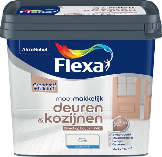 Flexa verfblik met grondverf + lak in 1 voor deuren en kozijnen, fris wit zijdeglans.
