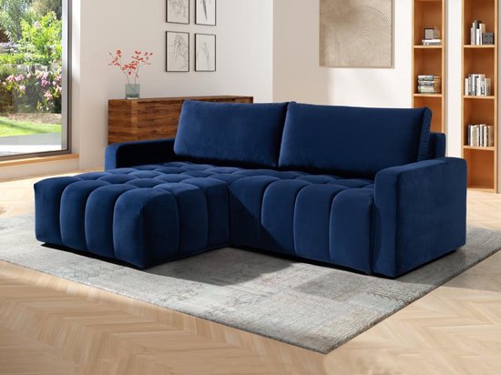 Slaapbank met hoek links in blauw fluweel ESILIA II L 288 cm x H 95 cm x D 180 cm