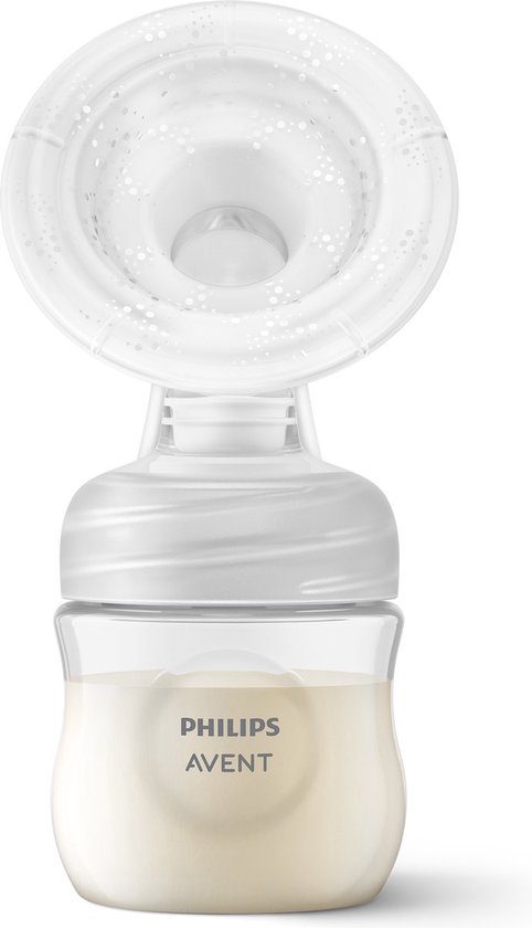 Philips Avent handkolf met melk in de fles. De witte kolf heeft een gedetailleerde rand en een gedetailleerde dop.