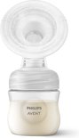 Philips Avent handkolf met melk in de fles. De witte kolf heeft een gedetailleerde rand en een gedetailleerde dop.