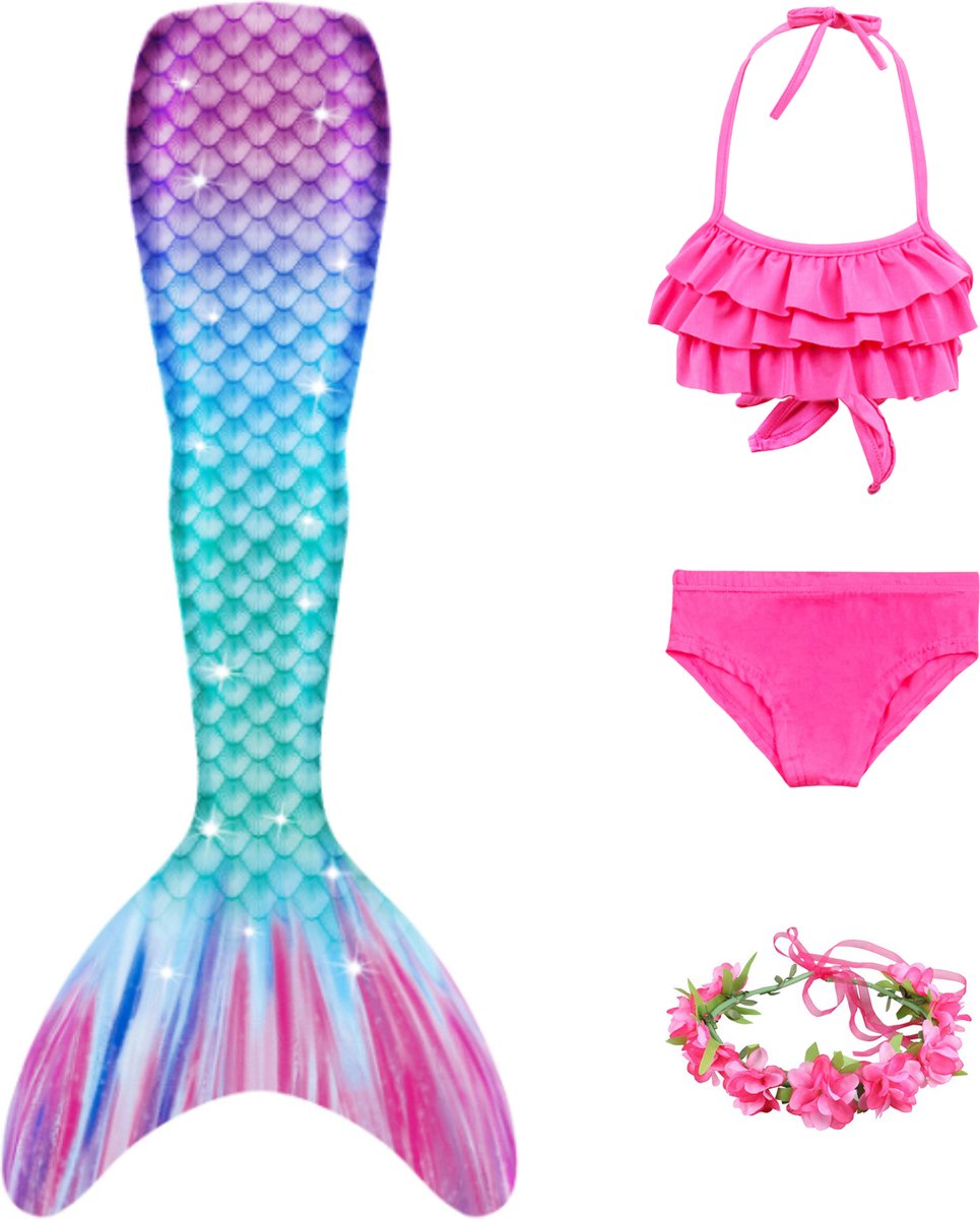 Joya Kids® Zeemeermin bikini verkleed set | Staart met roze bikini en rozen krans | Mermaid Staart | Prinsessen jurk | Verkleedkleding meisje | Maat 130
