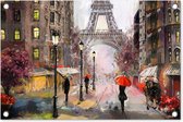 Tuindecoratie Schilderij - Parijs - Eiffeltoren - Paraplu - Olieverf - 60x40 cm - Tuinposter - Tuindoek - Buitenposter