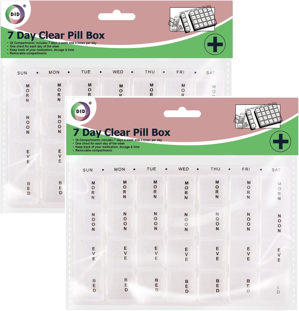 Goedkoopste DID Medicijnen doos/pillendoos - 2x - 28-vaks - wit - 17 cm - Geneesmiddelen bewaarbox