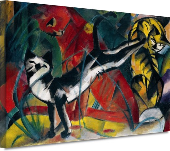Drie Katten - Franz Marc schilderij - Katten wanddecoratie - Canvas schilderijen Dieren - Muurdecoratie modern - Canvas keuken - Muurkunst 60x40 cm