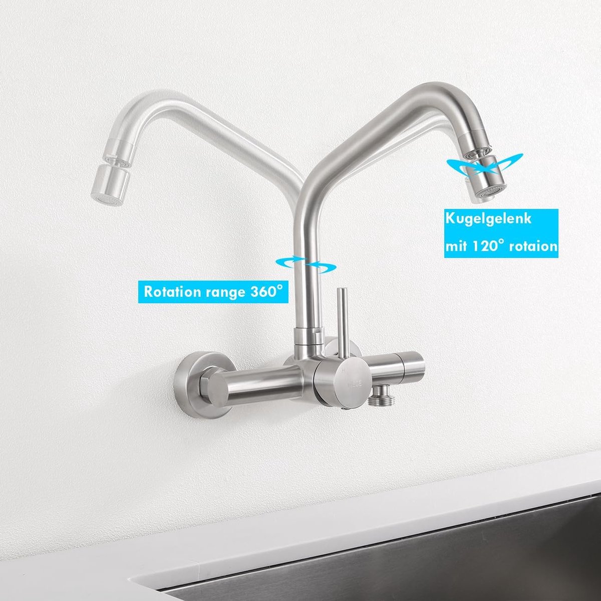 HomeLava Muur keukenkraan wandarmatuur wandmontage wastafelkraan kraan eengreepsmengkraan met 360° draaibare uitloop kort 18 cm roestvrij staal