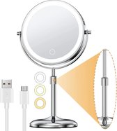 Lumos Make-Up Spiegel - Verstelbaar - 10x vergroten - chroom - Oplaadbaar - 3 Kleuren - Dimfunctie - Scheerspiegel Rond