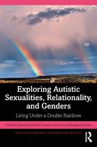 Boek "Exploring Autistic Sexualities, Relationality, and Genders" met een dubbele regenboog boven een landschap.