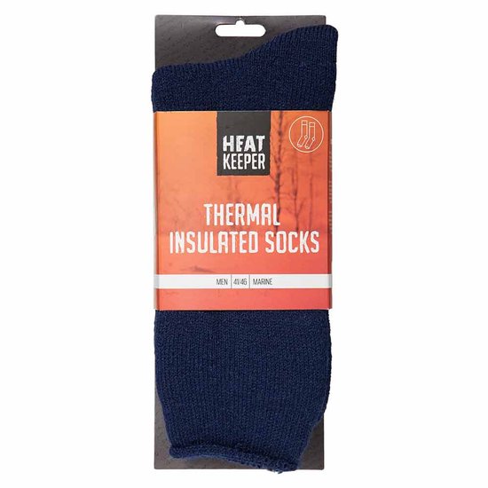 Donkerblauwe verpakking voor HEAT KEEPER THERMAL INSULATED SOCKS, herenmaat 41/46.
