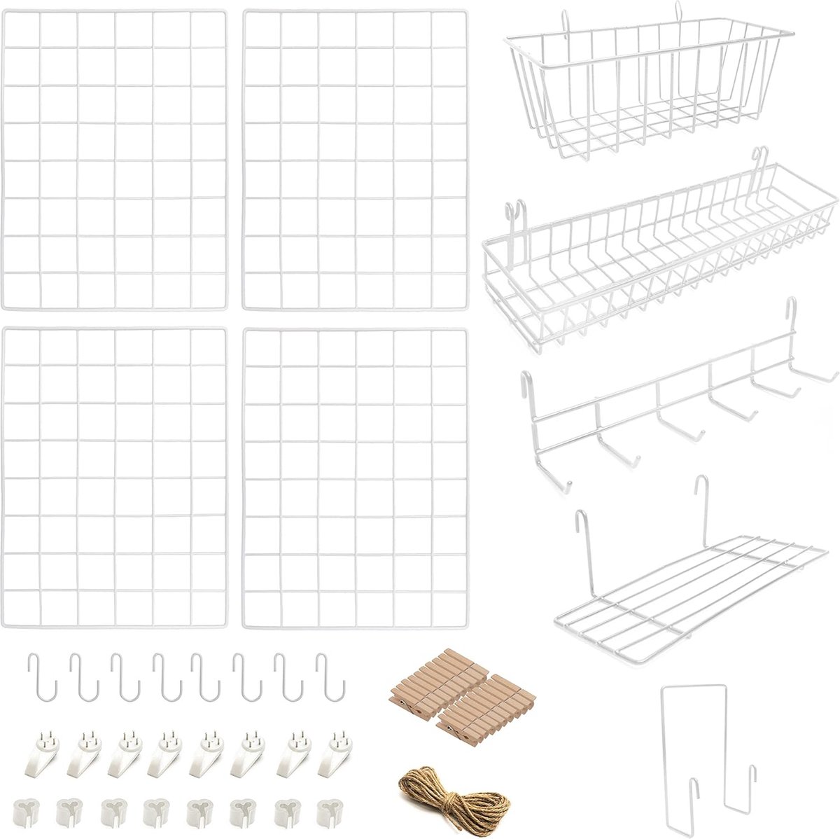 4 Pack Wire Wall Grid Panel with Accessories | Includes Hanging Baskets, Letter Sorter, Shelf & Hook Rack | Complete Set | Wire Notice Board | Hanging Home, Office & Kitchen Décor