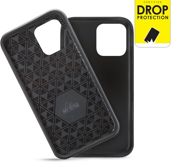 Coque de téléphone noire, l'intérieur visible avec un motif géométrique et le logo My Style. Un iPhone noir est à côté de la coque.