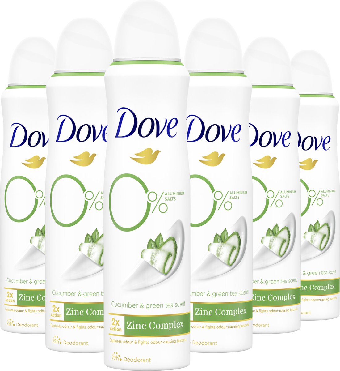 Dove 0% Aluminiumzouten Deodorant Spray - Cucumber & Green Tea - bevat het 2x Action Zinc-Complex met Zinc Zap-technologie - 6 x 150 ml