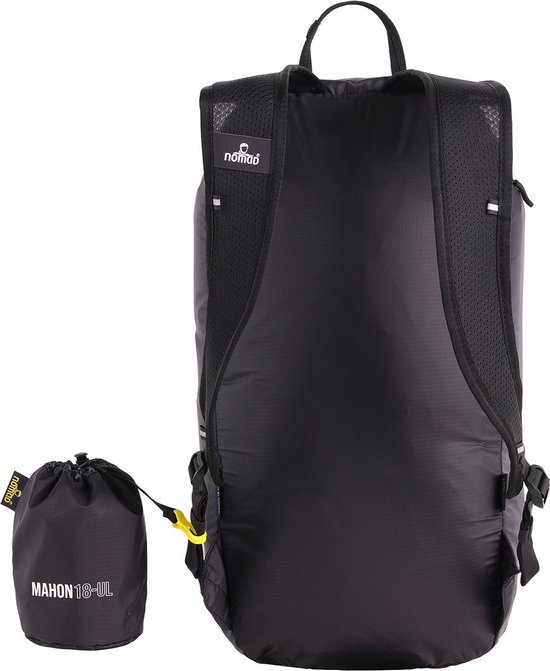 Achterkant van een zwarte Nomad Mahon 18-UL rugzak met opbergzakje.