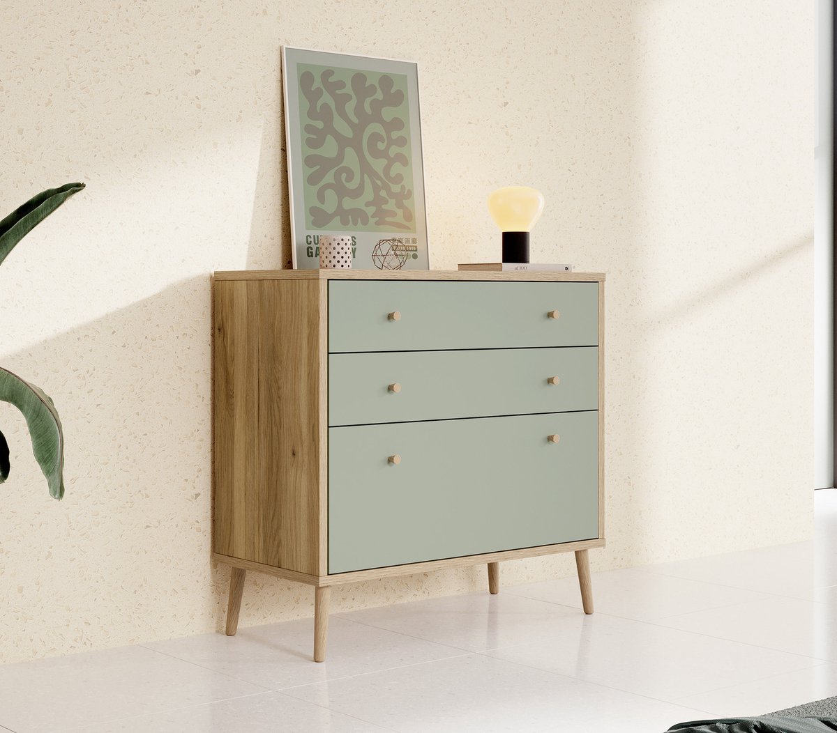 MEUBELLA Ladekast Wally - Licht eiken - Groen - 90 cm Bruin|Groen