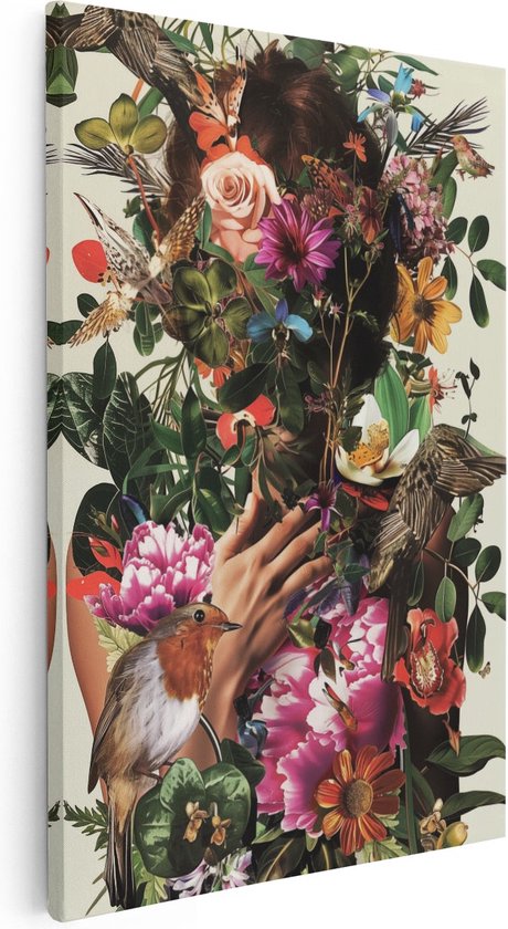 Artaza Canvas Schilderij Vrouw is Omringd door Bloemen en Vogels - 20x30 - Klein - Foto Op Canvas - Canvas Print