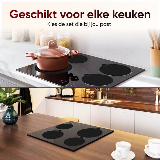 Plaques de cuisson à induction avec des tapis ronds et noirs : une avec une casserole couleur cuivre, l'autre dans une cuisine avec un plan de travail.