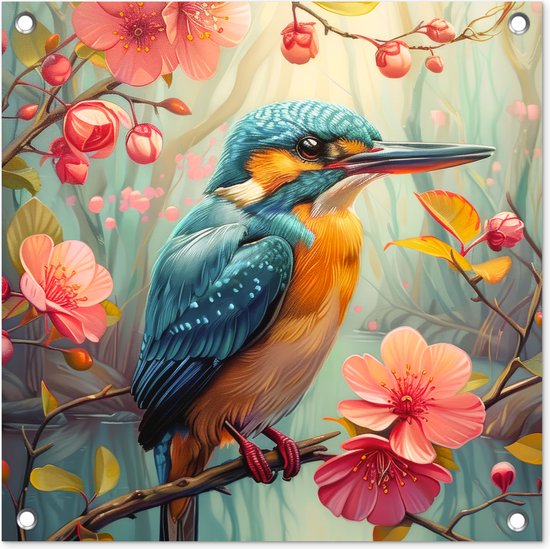 Tuinposter 50x50 cm - Tuindecoratie IJsvogel - Bloesem - Natuur - Vogels - Bloemen - Poster voor in de tuin - Buiten decoratie - Schutting tuinschilderij - Tuindoek muurdecoratie - Wanddecoratie balkondoek