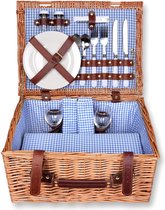 Picknickmand 40x30x20cm rechthoekig van wilgenhout voor 2 personen - blauw geruit