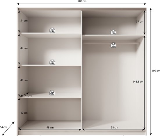 Meubella - Armoire Boets - Wit - Chêne - 200 cm - Avec miroir