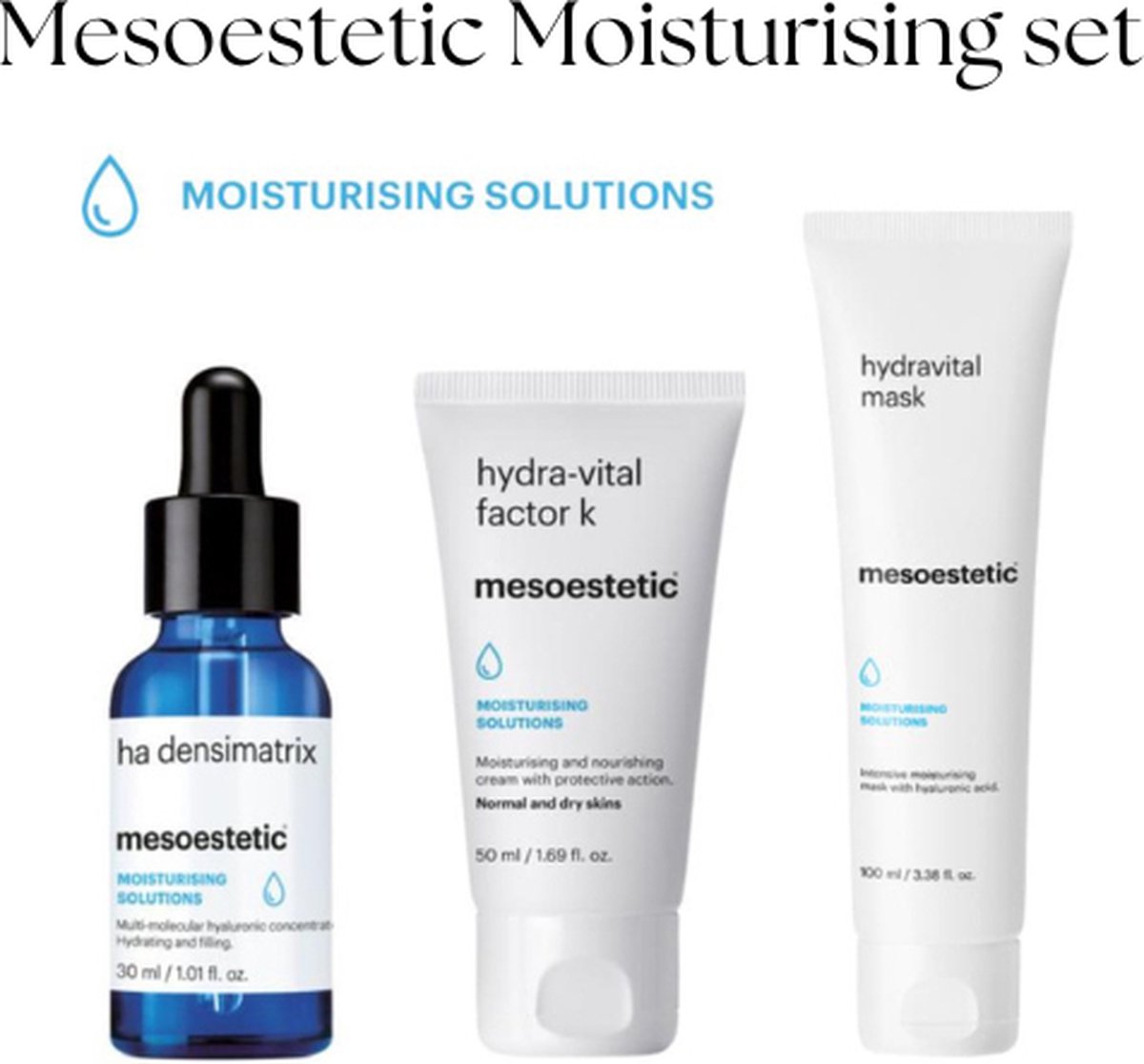 Goedkoopste Mesoestetic Moisturising verzorgingsset - Mesoestetic HA densimatrix- Mesoestetic hydra-vital factor k- Mesoestetic hydravital mask