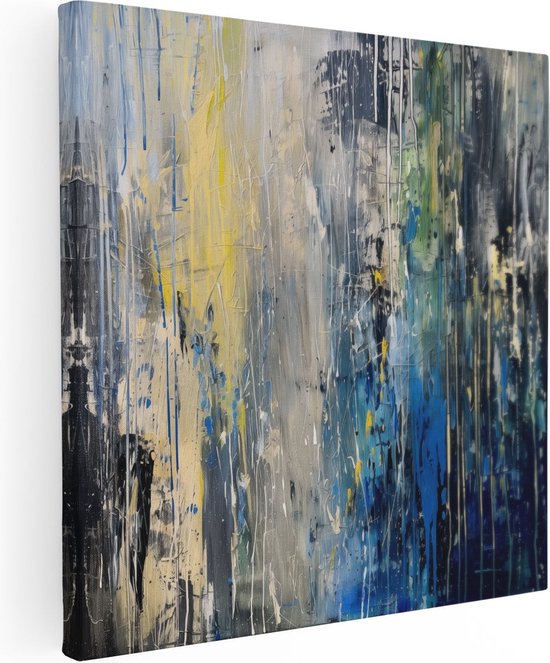Artaza Canvas Schilderij Abstract Kunstwerk met Blauwe, Gele en Zwarte Druppels - 90x90 - Groot - Foto Op Canvas - Canvas Print