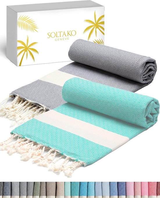Sowel® Fouta Premium hamamdoek met badstof achterkant, strandlaken van 100% biologisch katoen, 100 x 190 cm, gemaakt in Portugal, grijs/ecru