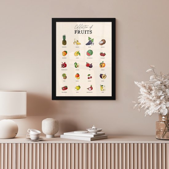 Une affiche avec des illustrations colorées de différents fruits, tels que ananas, banane et raisins.
