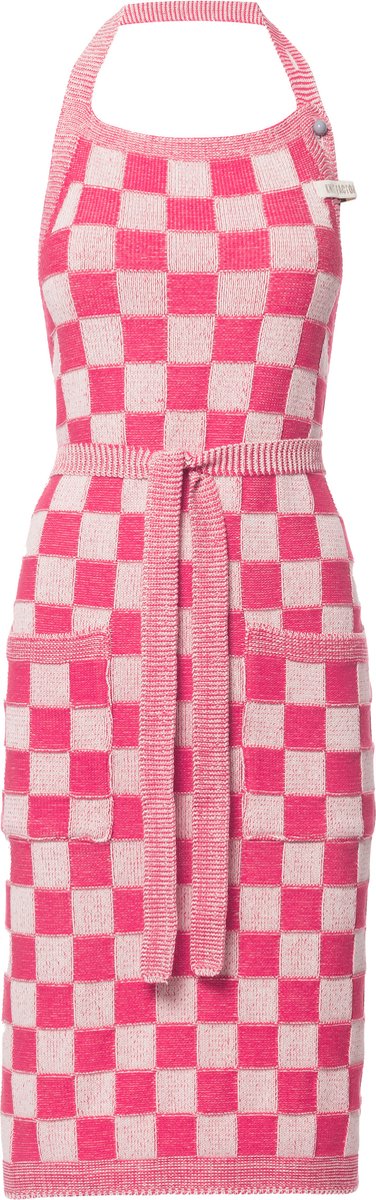 Knit Factory Gebreide Keukenschort Dames & Heren - Kookschort - Kokssloof - Keukensloof - Koksschort - Barbecue schort Block - Ecru/Fuchsia - Roze - One Size - Met steekzakken