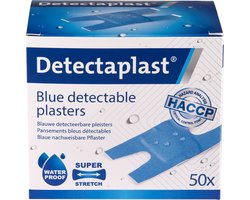 Detectaplast blauwe knokkel pleisters waterproof - metaaldetecteerbare, waterdichte en hypoallergene wondpleisters, voor de voedingsindustrie, catering en grootkeuken, 68 x 38 mm, 50 stuks