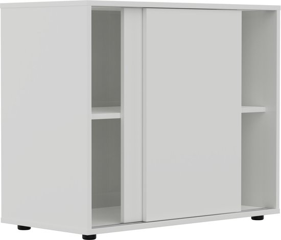 Witte kast met twee schuifdeuren en open vakken aan de zijkanten.