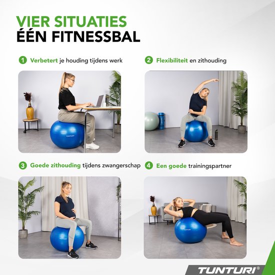 Tunturi Anti Burst Fitness bal met Pomp - Yoga bal 65 cm - Pilates bal - Zwangerschapsbal – 220 kg gebruikersgewicht - Incl Trainingsapp – Blauw