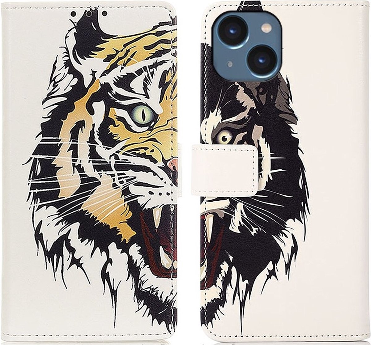 Cityhoesje-Geschikt voor iPhone 15 – Bookcase-Print – Tijger