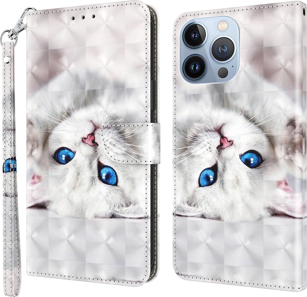 Cityhoesje-iPhone 14 Pro – Bookcase – Print 3D katten – incl. Pasjeshouder