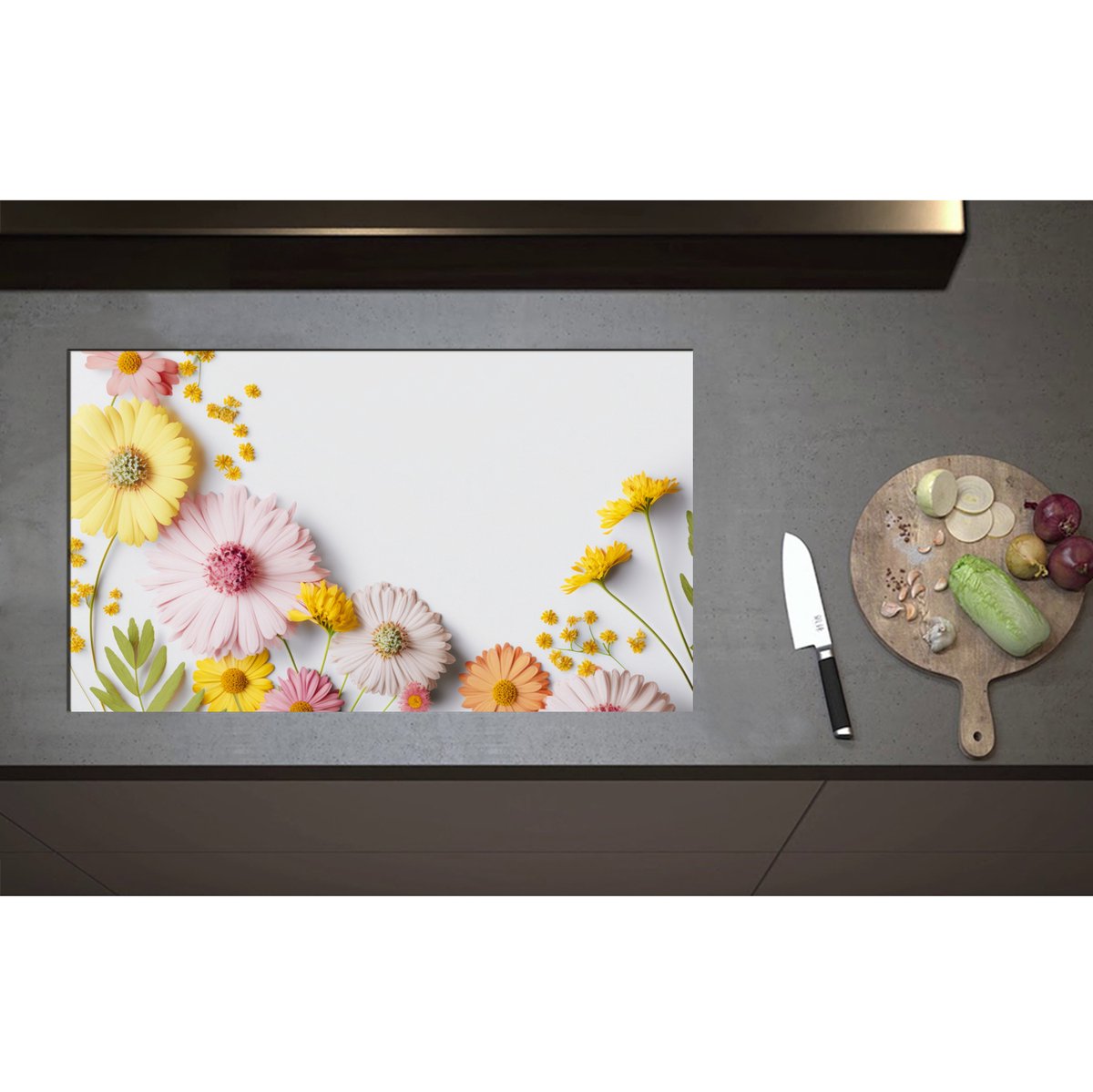 Inductieplaat Beschermer - Bloemen in Pastelkleuren tegen Witte Achtergrond - 85x50 cm - 2 mm Dik - Inductie Beschermer - Bescherming Inductiekookplaat - Kookplaat Beschermer van Zwart Vinyl