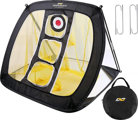 Zwarte golf oefennet met gele mesh, rode cirkel en vierkante targets. Inclusief draagtas en grondpennen.