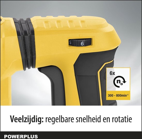 Gele klopboormachine met zwart handvat en 6-standen snelheidsregelaar. Tekst: 'Veelzijdig: regelbare snelheid en rotatie'.